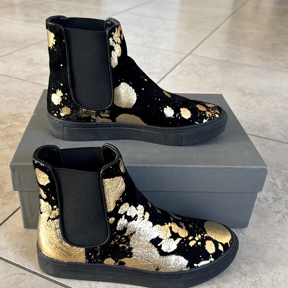 All Saints Women’s Gold Splatter Black Suede Chelsea Boots